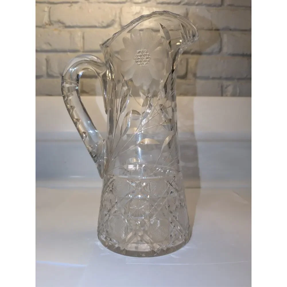 Antique American Brilliant Period Cut Water Pitcher Etched Daisy Diamond 11.5